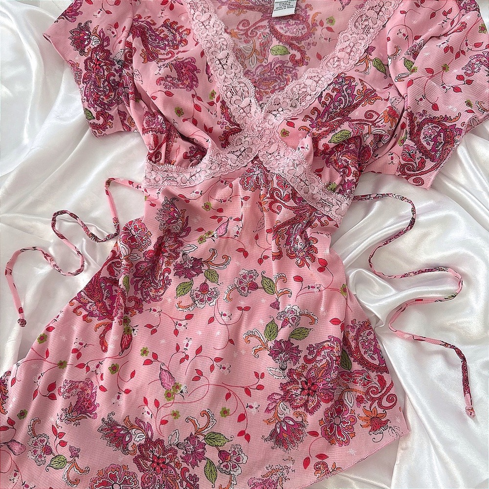 Self Esteem Pink Paisley Floral Mesh Lace Trim Asymmetrical Top XL